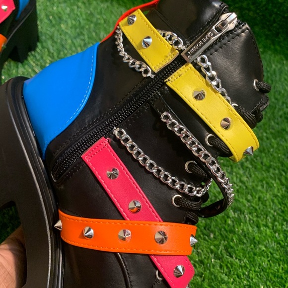 Platform Combat Boots with Multicolor Straps - Picture 9 of 12